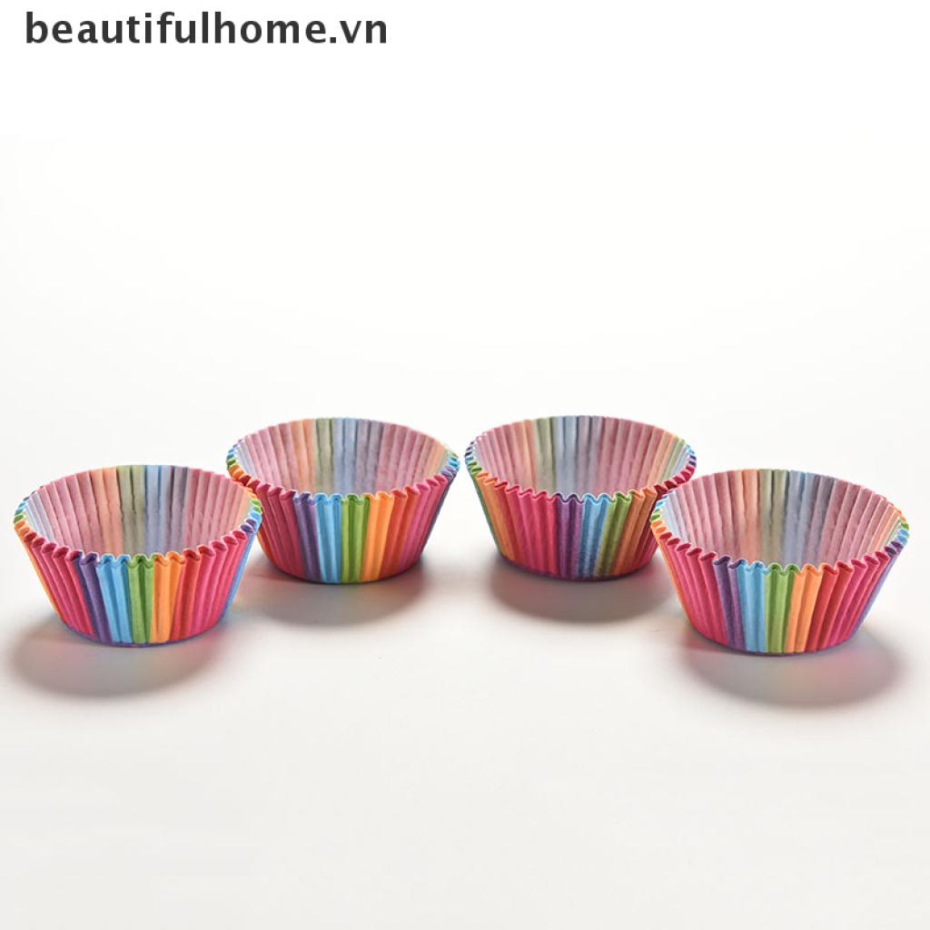 Bộ 100 Giấy Gói Bánh Cupcake Màu Cầu Vồng Dễ Thương
