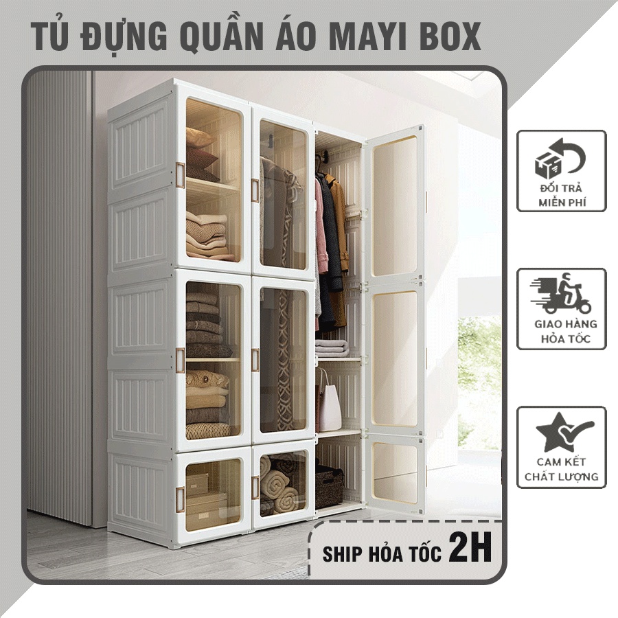 Tủ quần áo nhựa gấp gọn MAYI BOX - Tủ đựng đồ quần áo trong suốt không cần lắp ráp , cánh tủ nam châm đóng tự động