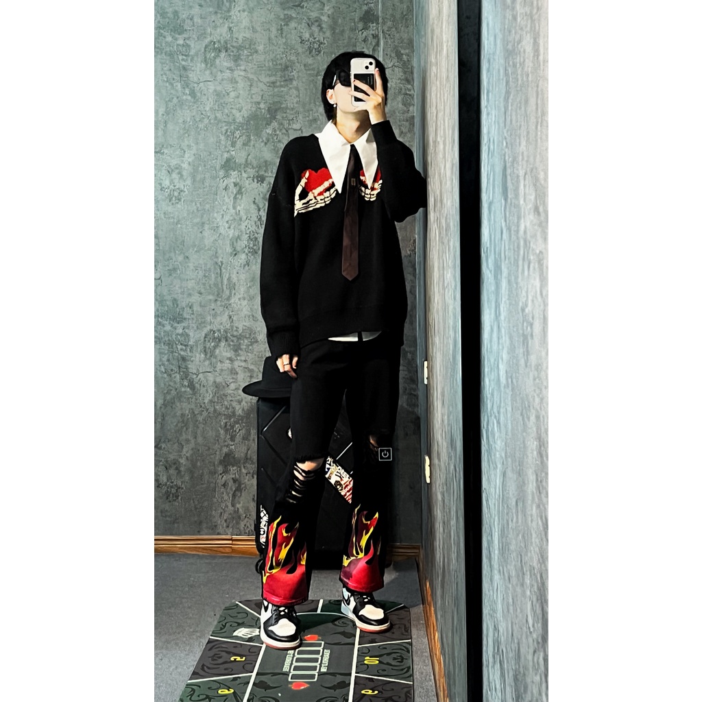 Quần Jean Suông DUSTY STUDIO phong cách hip hop form rộng phối họa tiết lửa