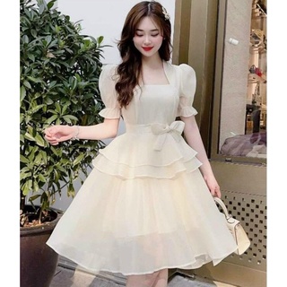 Đầm Váy Nữ Chất Tơ Ánh Kim Tay Phồng Cổ Vuông Xếp Ly Tầng ( Có Mút Ngực ) Thời Trang Kiểu Cách Đi Chơi, Đi Dự Tiệc