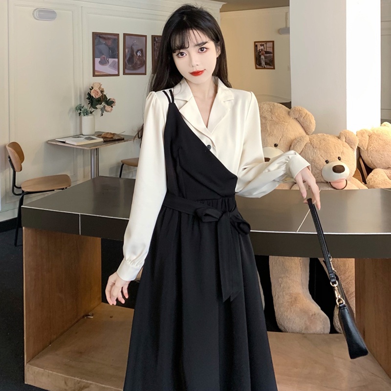Đầm Dài Tay Cổ Chữ V Giả Hai Lớp Phong Cách Pháp Thời Trang Cho Nữ