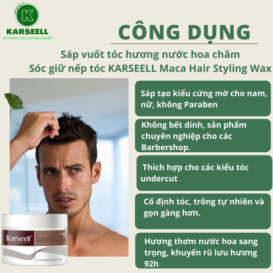 Sáp vuốt tóc nam Karseell Maca Styling Barbershop Wax 100ml, wax tóc hương nước hoa cao cấp CHÍNH HÃNG
