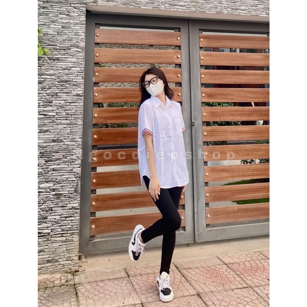 Set bộ áo sơ mi trắng 1 túi tay lỡ - Sơ mi sọc đen đỏ tay kèm quần legging nữ