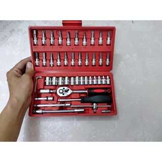 Bộ khẩu vặn bulong 1/4, mở ốc 46 món phụ kiện