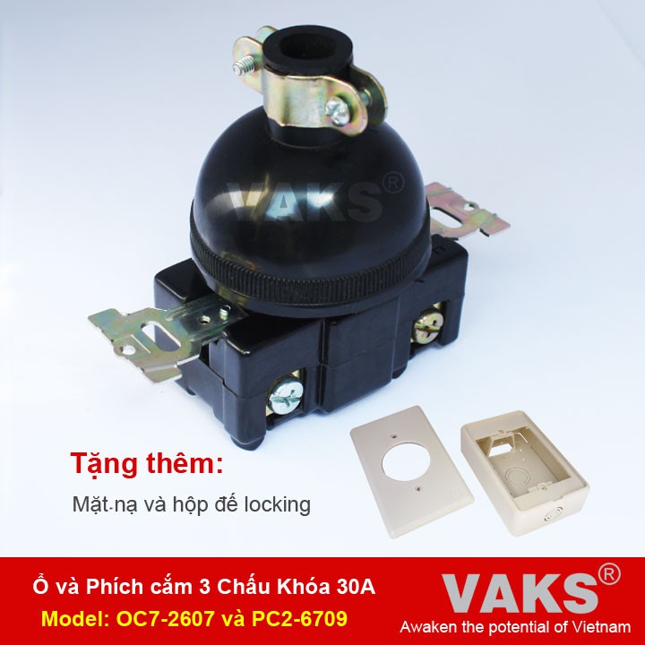 Bộ phích cắm (PC2-6709) và ổ cắm locking (OC7-2607) 1 pha 3 chấu khóa 30A + tặng mặt nạ và hộp đế nổi