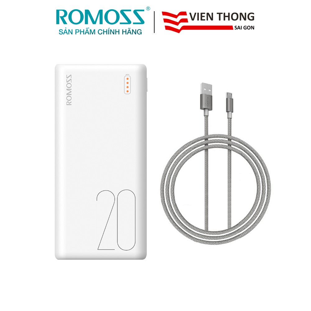 Pin sạc dự phòng Romoss Simple 20 20.000mAh 3 cổng input+Cáp micro nylon CB05n Romoss