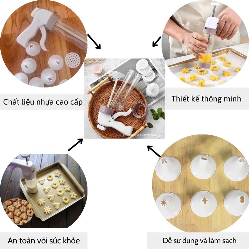 Súng bắn tạo hình bánh bao gồm khuôn tạo hình bánh quy và đầu bắt bông kem tiện lợi LEBENANG