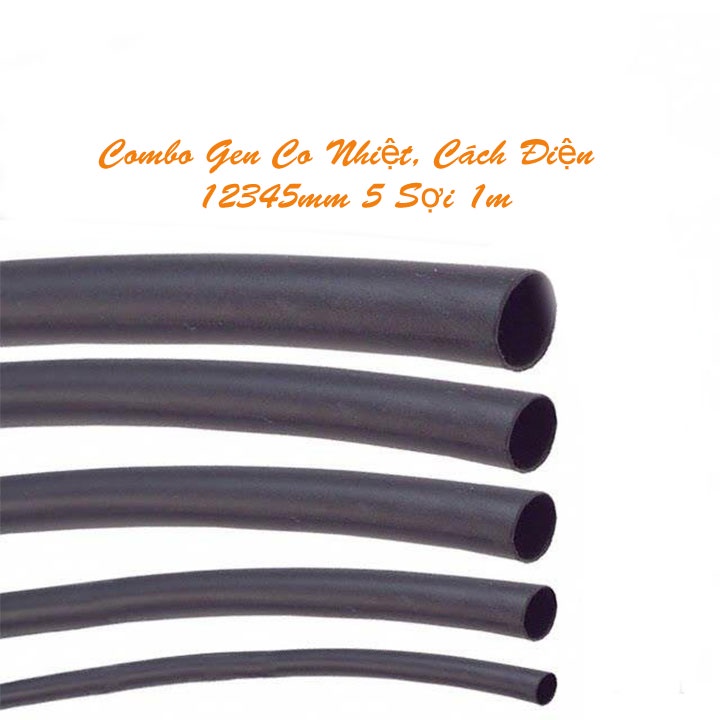 Combo Bộ 5 Ống Gen Co Nhiệt, Cách Điện 1mm, 2mm, 3mm, 4mm, 5mm, Dài 1m Mỗi Sợi - Màu đen