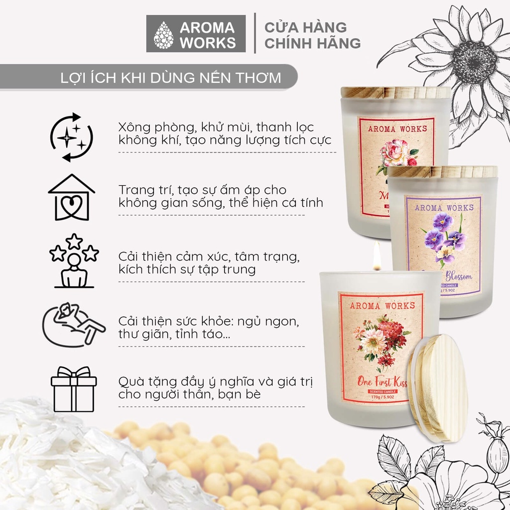 Nến thơm phòng Aroma Works tinh dầu thiên nhiên không khói 170g