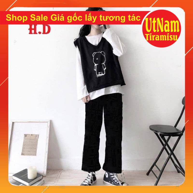 bộ nữ áo thun dài tay Sweater thu đông + áo gile + quần ống rộng giá sỉ