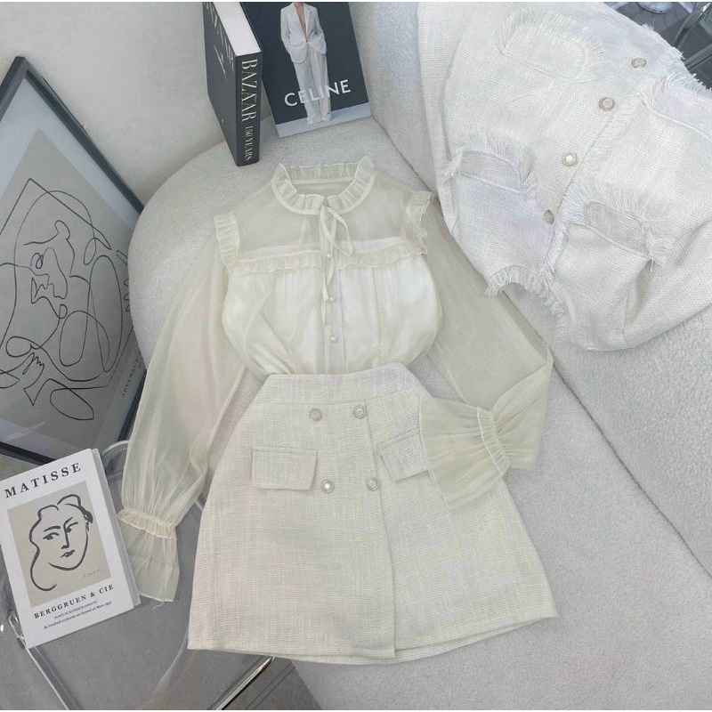 Set dạ tweed 3 món kèm áo sơ mi voan tơ sang chảnh tiểu thư