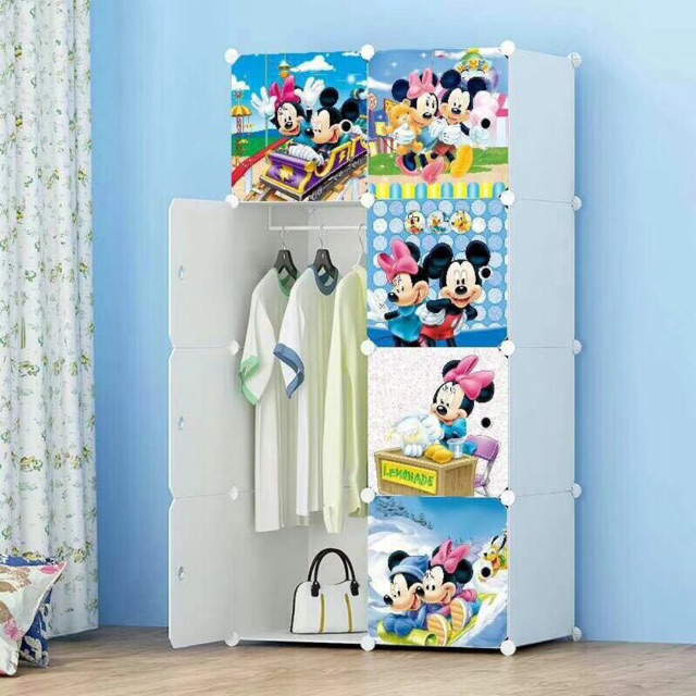 TỦ NHỰA QUẦN ÁO LẮP GHÉP 8 Ô SÂU 47cm. Tặng kèm 1 treo đồ. Thân trắng cửa mickey