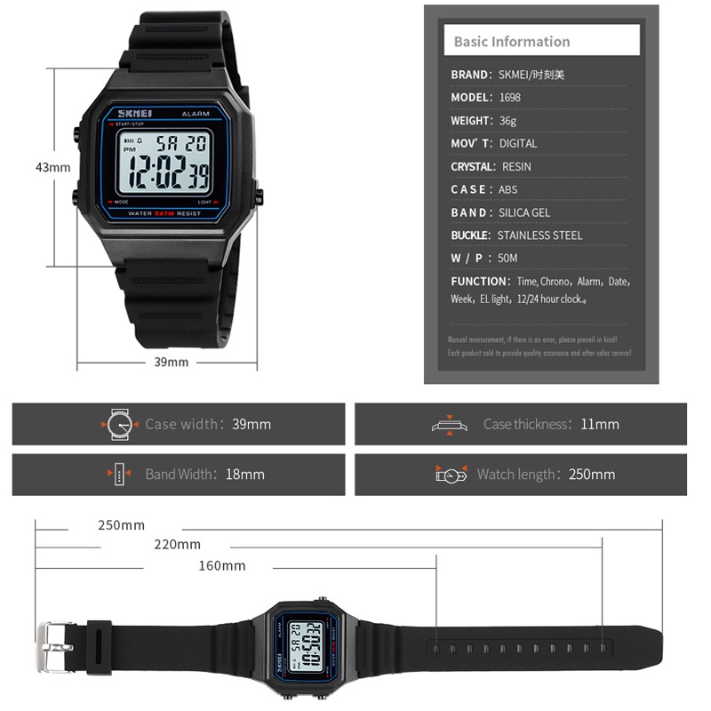 Đồng Hồ Điện Tử Skmei 1698 Chống Thấm Nước Dây Silicone 50m Đa Năng Dành Cho Nữ