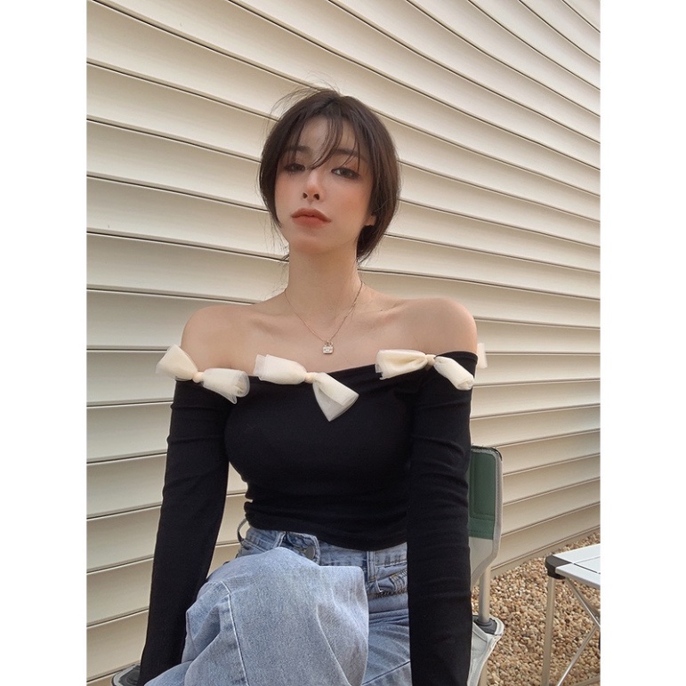 Áo phông thun bẹt vai dài tay thắt nơ viền áo sexy ngày hè dành riêng cho nữ AK44