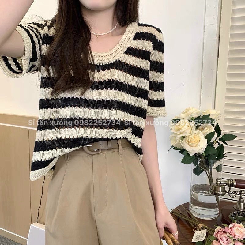 Áo dệt kim cộc tay phối kẻ ngang ulzzang mùa hè, áo len mỏng ngắn tay dáng rộng 3415