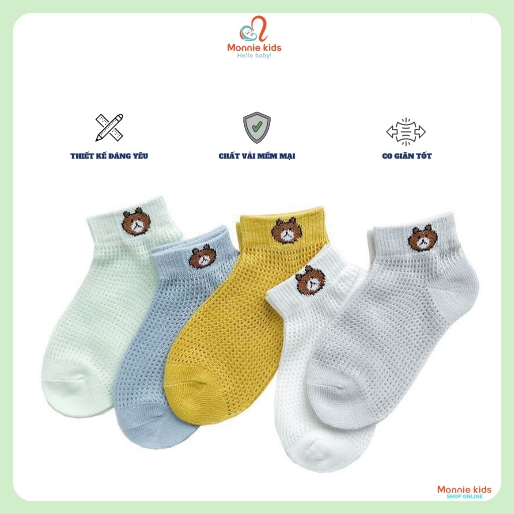 Set 5 đôi tất lưới cho bé, set tất lưới gấu sắc màu mềm mại co giãn - Monnie Kids