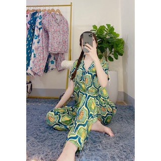 Bộ Lụa Satin Áo Cộc Quần Dài Hoạ Tiết