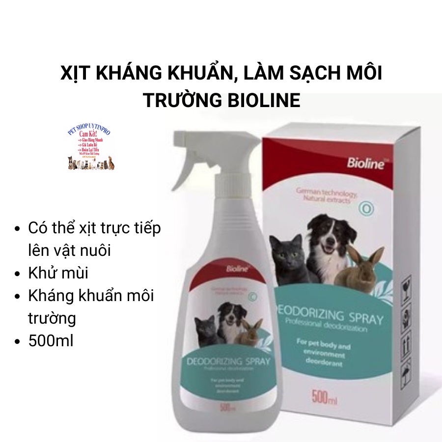Chai xịt diệt khuẩn cho Chó Mèo Bioline Deodorizing Spray Chai 500ml Làm sạch không gian sống, Giúp thú cưng khỏe mạnh