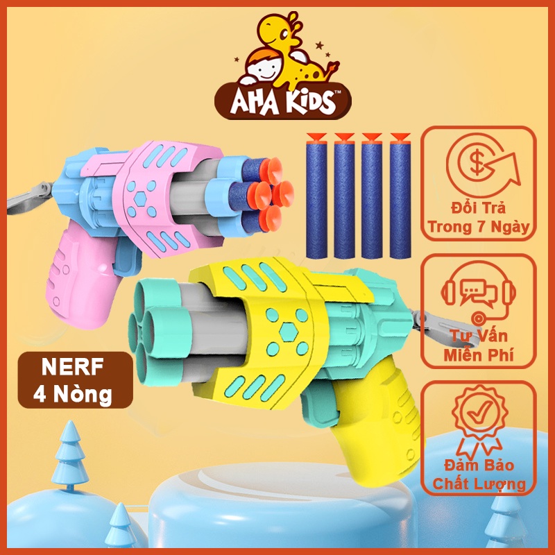 Nerf 4 Nòng, Súng Đan Xốp Mini Giá Rẻ, Súng Đồ Chơi Cute, Nhựa ABS An Toàn Cho Bé, Tặng Kèm 4 Viên Xốp Dính