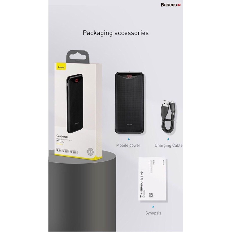 Pin sạc dự phòng nhỏ gọn Baseus Gentleman Digital Display Powerbank 10000mAh dùng cho iPhone / Samsung / Oppo / Xiaomi