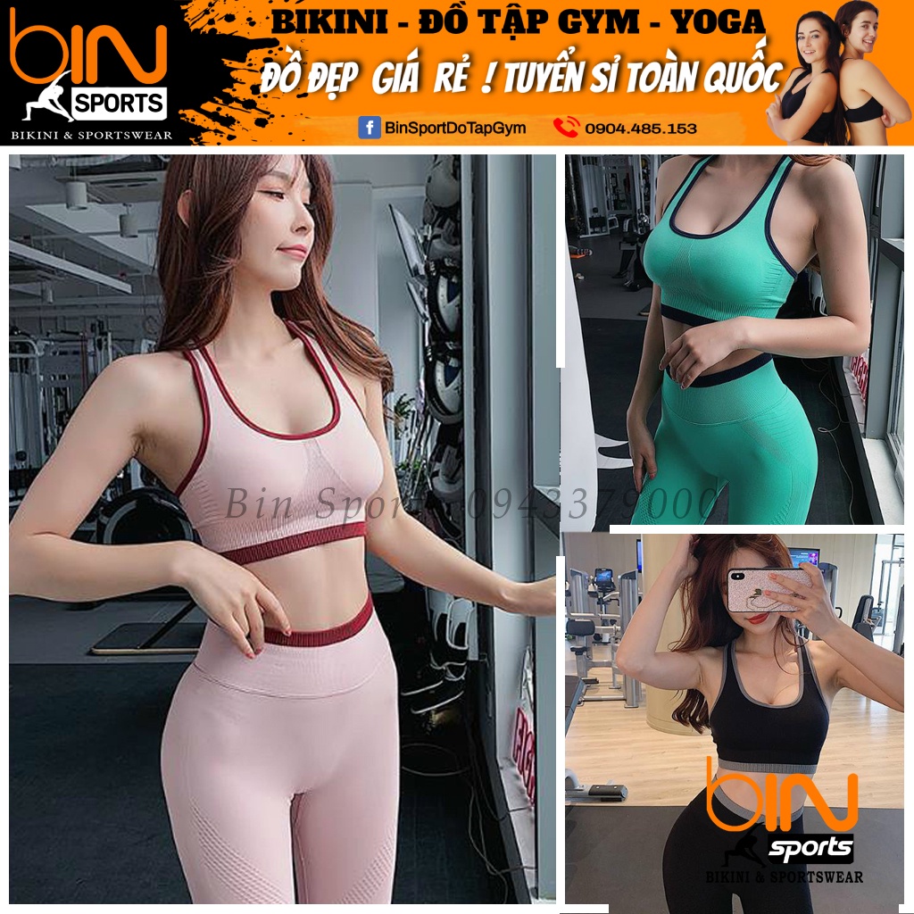 Set bộ tập gym nữ dệt kim áo bra kèm mút quần dài chun mông hàng nhập cao cấp Bin Sports BD087