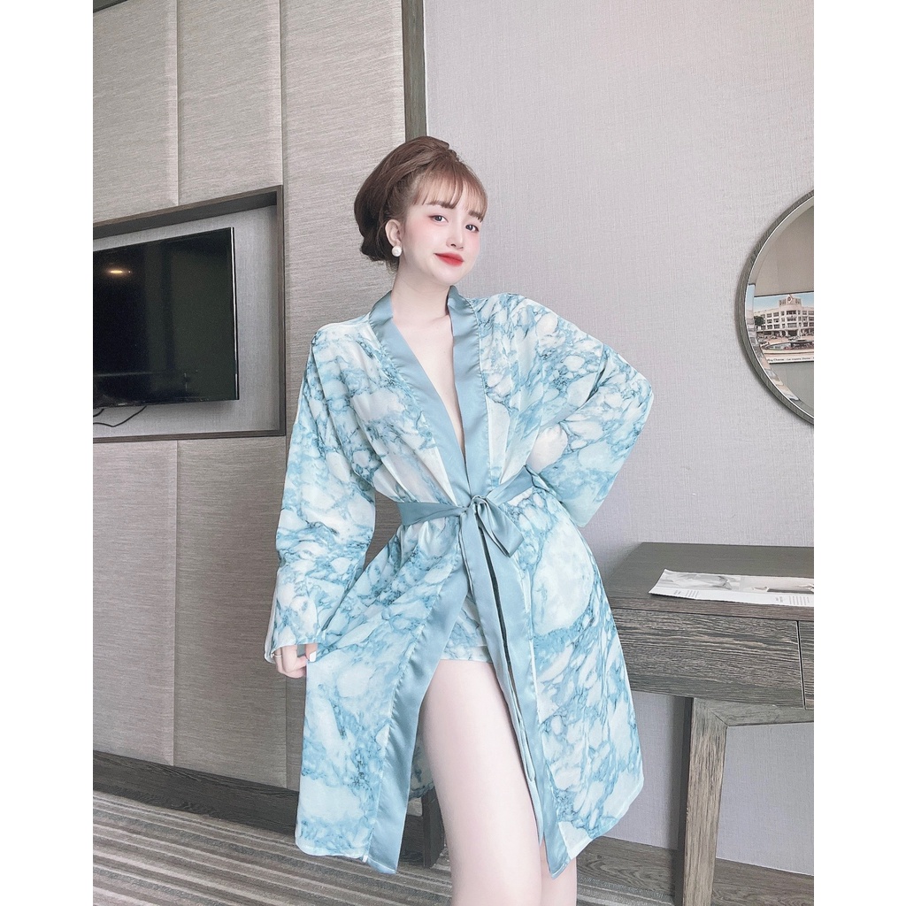 Áo Choàng Ngủ, Set Áo Choàng Kèm Quần Vải Satin Phối Voan Chất Siêu Mát Dáng Siêu Xinh
