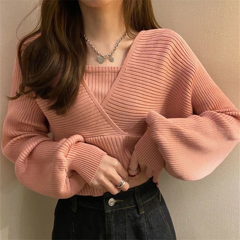 Áo len nữ màu nâu đen hồng đỏ cổ chữ V tay dài bồng tiểu thư cá tính phong cách Ulzzang Hàn Quốc chất loại 1 Quảng Châu