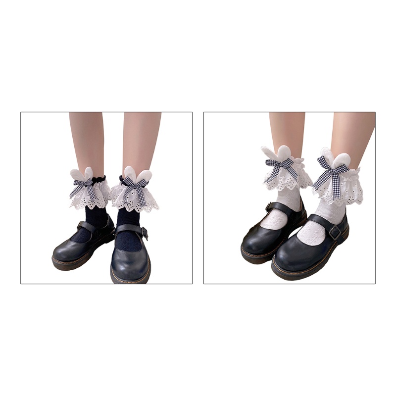 Vớ Ngắn Thêu Họa Tiết Caro Đính Nơ Tai Thỏ Phong Cách Lolita Nhật Bản 10MK