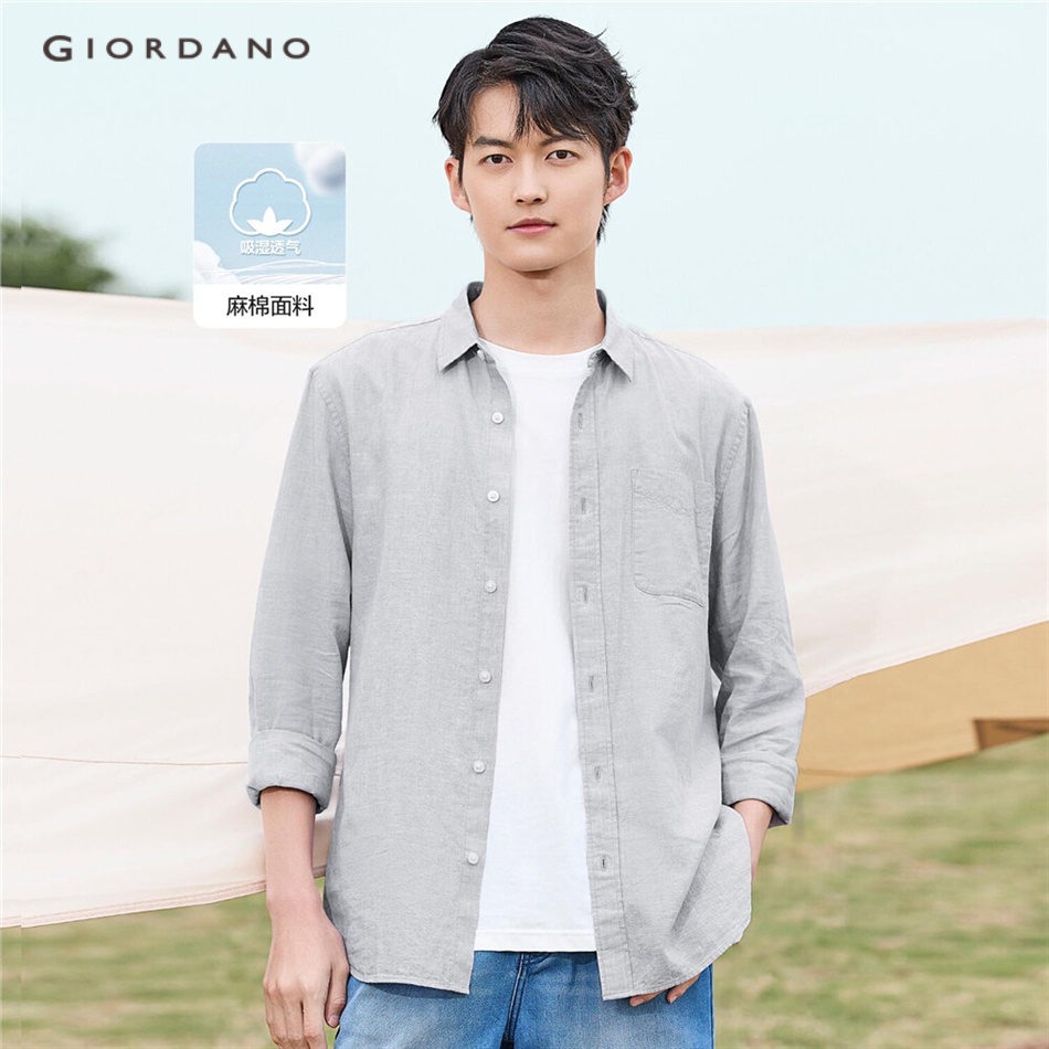 Áo sơ mi GIORDANO 01042485 vải linen cotton với một túi vá cho nam