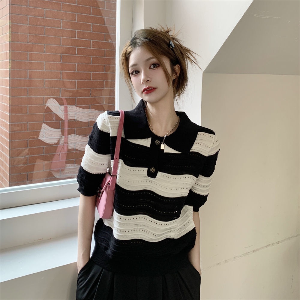 Áo Thun polo Tay Ngắn Kẻ Sọc Màu Sắc Tương Phản Thời Trang Cho Nữ  tao bao