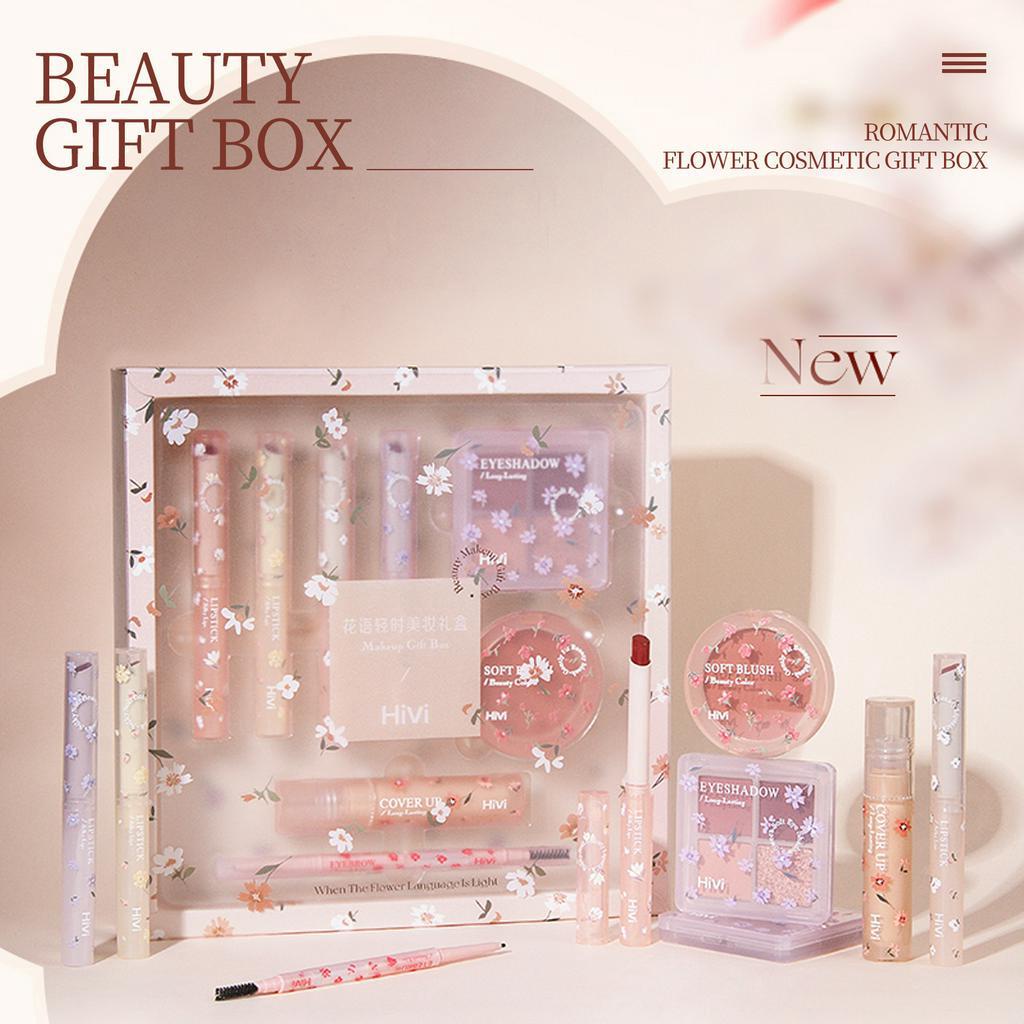 Hengfang set 8 Bút Chì Kẻ Lông Mày Hai Đầu + Che Khuyết Điểm + Phấn Má Hồng Mềm Mịn Tự Nhiên + Khay Phấn Mắt + Son Môi Kèm Hộp Quà Tặng