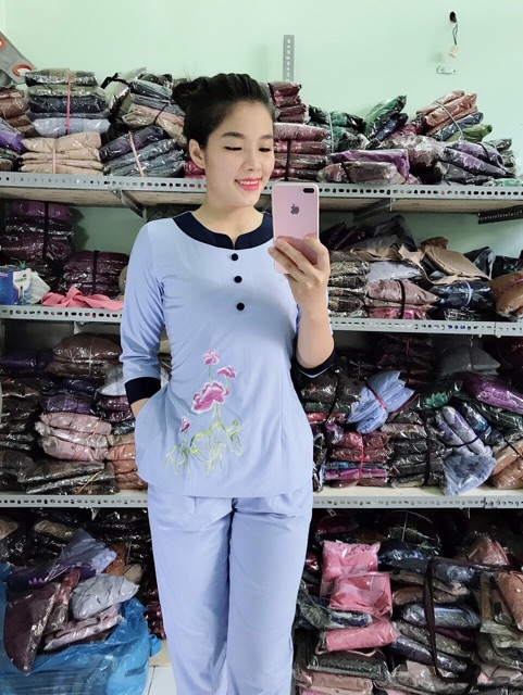 Đồ lam di chùa nữ vải thun co dãn cổ tròn phối tay lỡ,  Đồ lam đi chùa, Đồ-lam