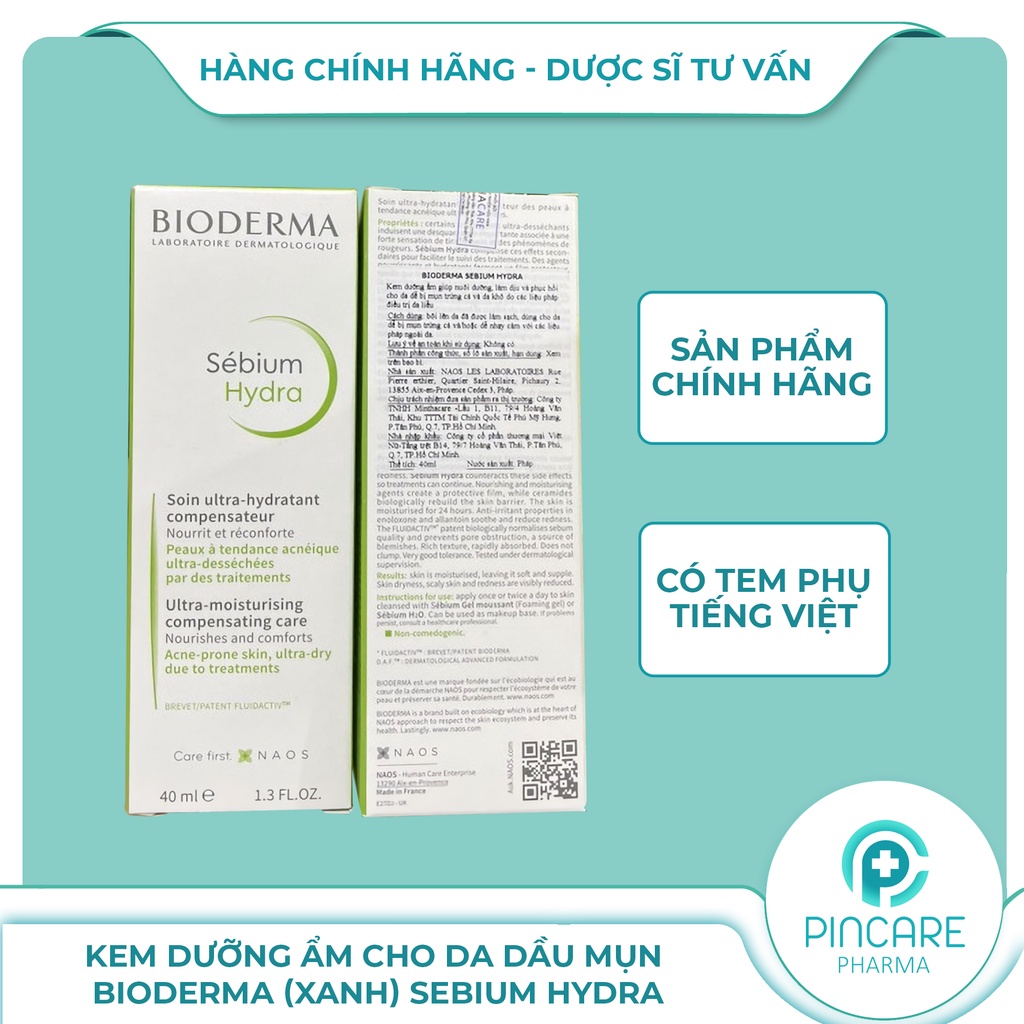 Kem dưỡng ẩm cho da dầu mụn Bioderma xanh Sebium Hydra 40ml - Hàng chính hãng - Nhà thuốc PinCare