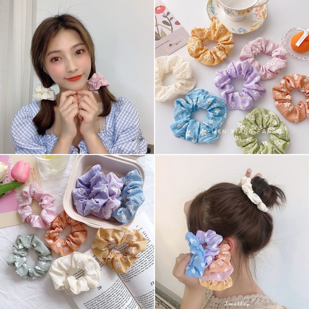 Dây buộc tóc in họa tiết hoa cúc phong cách Hàn Quốc dễ thương thời trang cho nữ