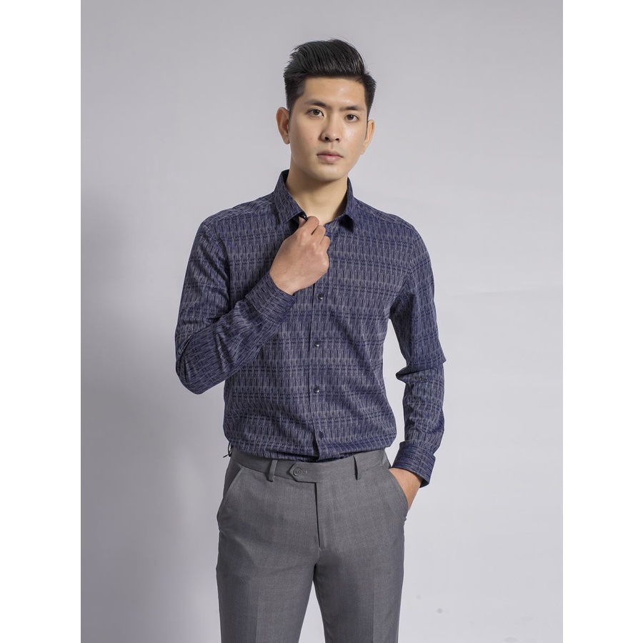 Áo sơ mi nam dài tay nam ARISTINO ALS58108 tím than sược trắng, dáng slimfit, chất liệu bamboo sợi tre