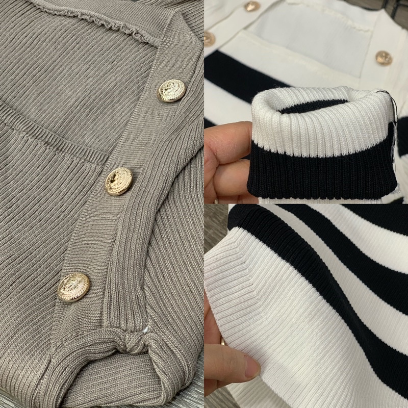 Ảnh Thật  áo len vạt tôm cổ vuông mix khuy đồng sang chảnh