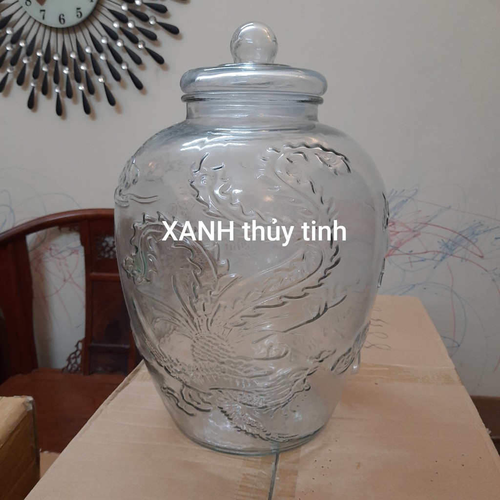 Chum thủy tinh họa tiết rồng phượng, dày dặn - Dung tích - 19 lít