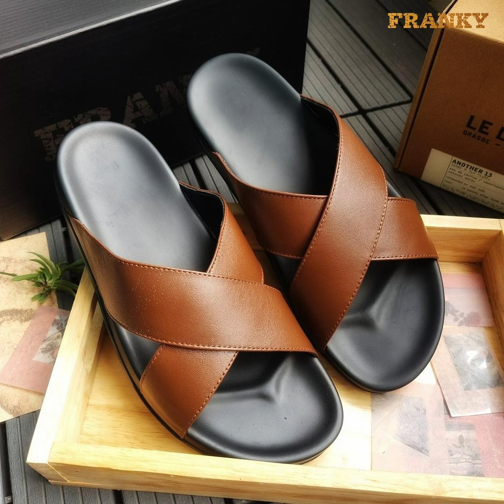 Dép Da Nam Franky Mark Slippers Quai Chéo Nâu Trơn Đế Đúc Cao Su Chống Hăm Chân