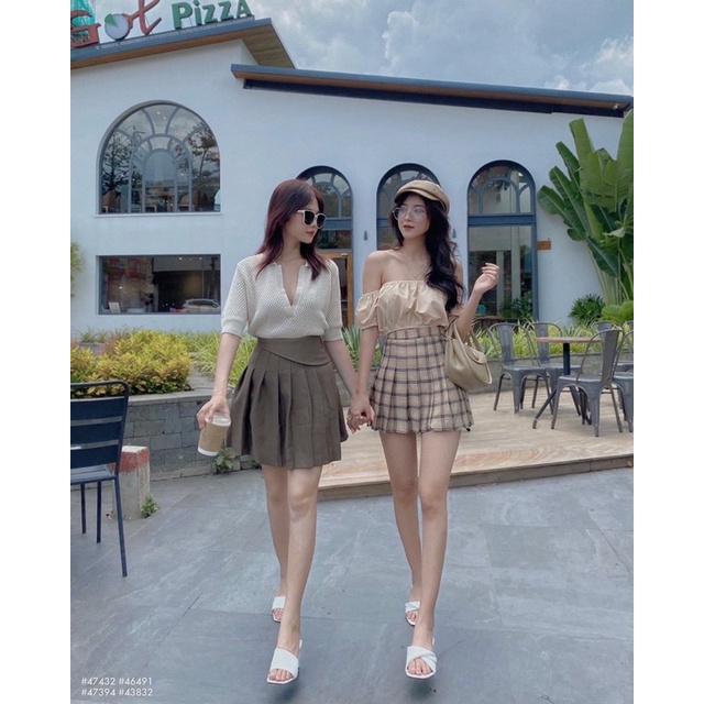Áo kiểu crop trễ vai rớt tay bo ngắn(47394) - Váy 8609 tennis caro