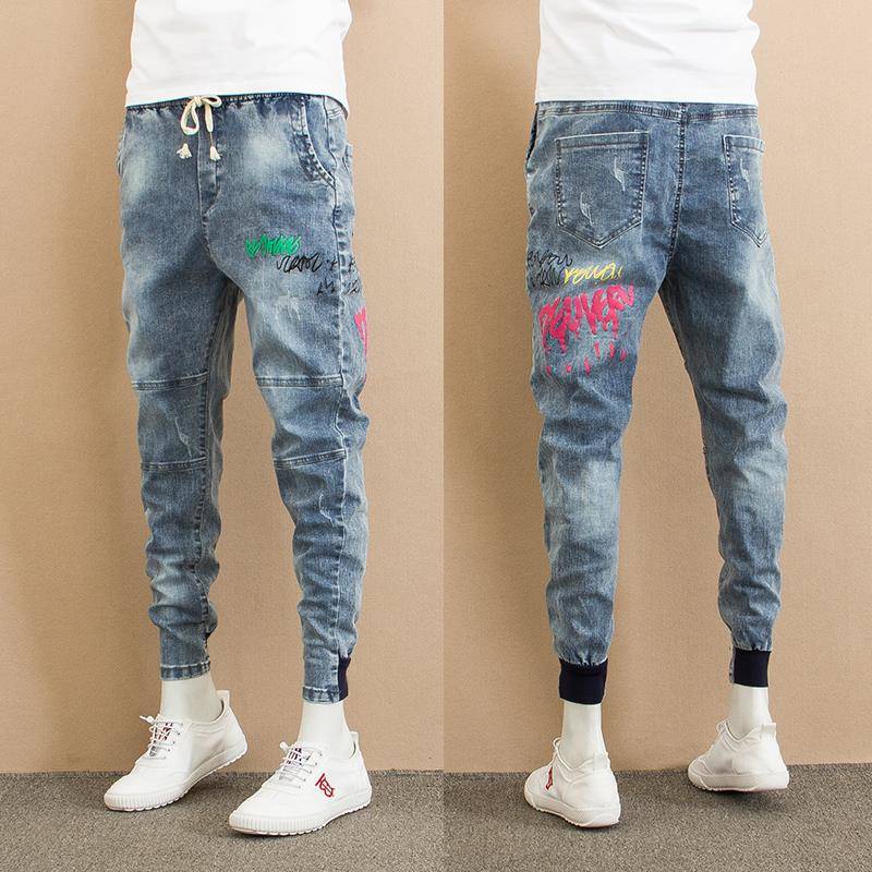 Quần jean nam | Quần skinny siêu co giãn vừa vặn Harlan Jeans Nam Phiên bản Hàn Quốc của xu hướng Bunch của quần chân Linh hồn xã hội In Shake Net Red Slim Quần