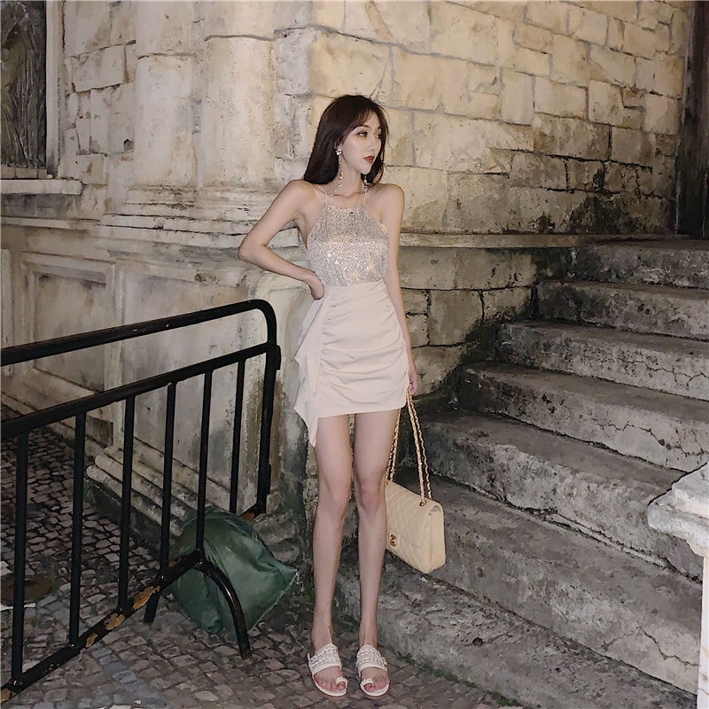 Set Áo Hai Dây Đính Kim Sa Và Chân Váy Chữ A Lưng Cao Thời Trang Hè 2021 Quyến Rũ Cho Nữ