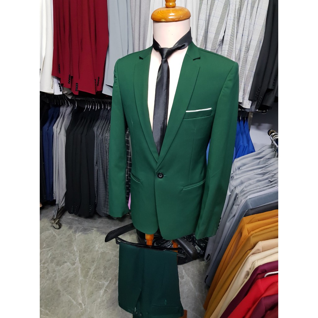 Bộ vest nam form ôm body màu xanh rêu tặng kèm cà vạt nơ