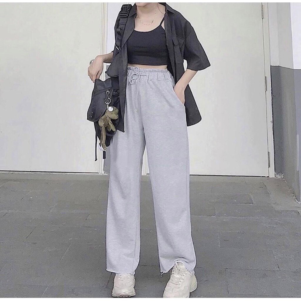 Quần suông ống rộng Unisex Vanmiushop cạp chun co dãn 3 màu vải cotton dày đẹp