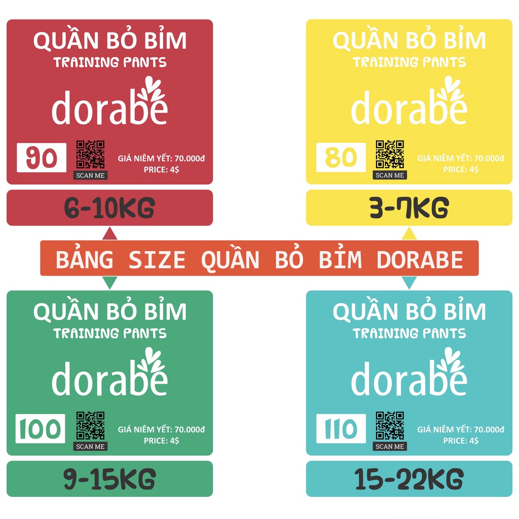 [100% Cotton Tự Nhiên] Quần Bỏ Bỉm-Bỉm Vải DORABE Chính Hãng(Đủ Size Từ 3-22kg)