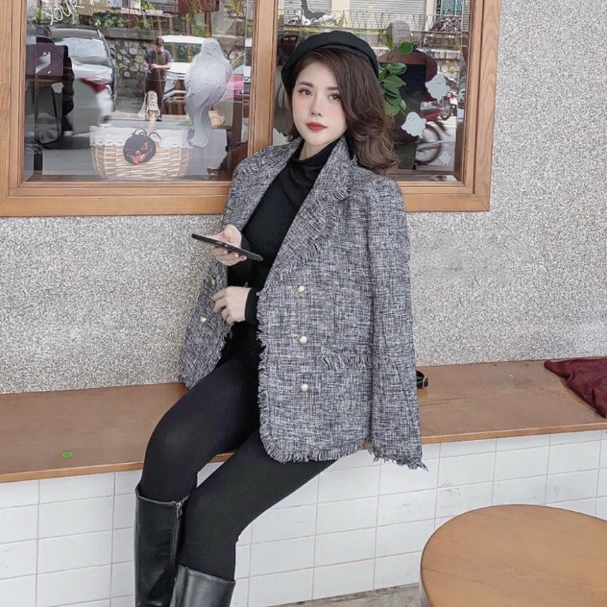 Áo Dạ Tweed Dài Tay Nữ TEMA - Áo Dạ Tweed Xám Ghi Tua Rua Siêu Xinh | BigBuy360 - bigbuy360.vn
