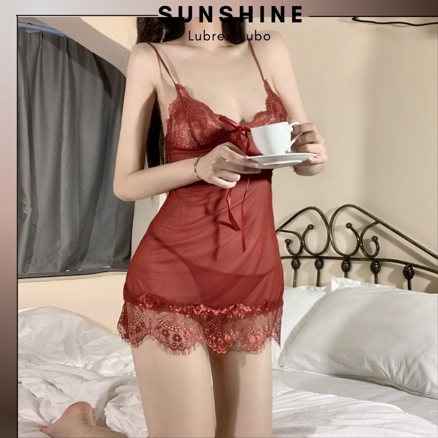 Sét Váy ngủ sexy kèm áo choàng voan xuyên thấu gợi cảm đỏ đô-SUNSHINE CT1083