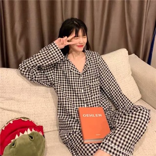 BN1_Bộ ngủ pijama, đồ mặc nhà dài tay kẻ vuông chất cotton thô ulzzang