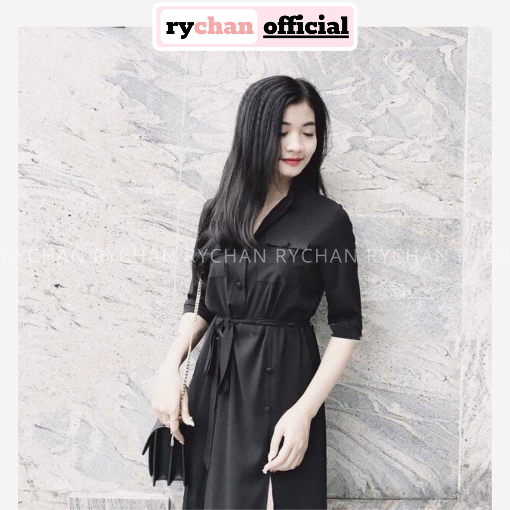 DM606 - Đầm Maxi Đen Xẻ Nút Bọc ( Kèm Hình Thật )