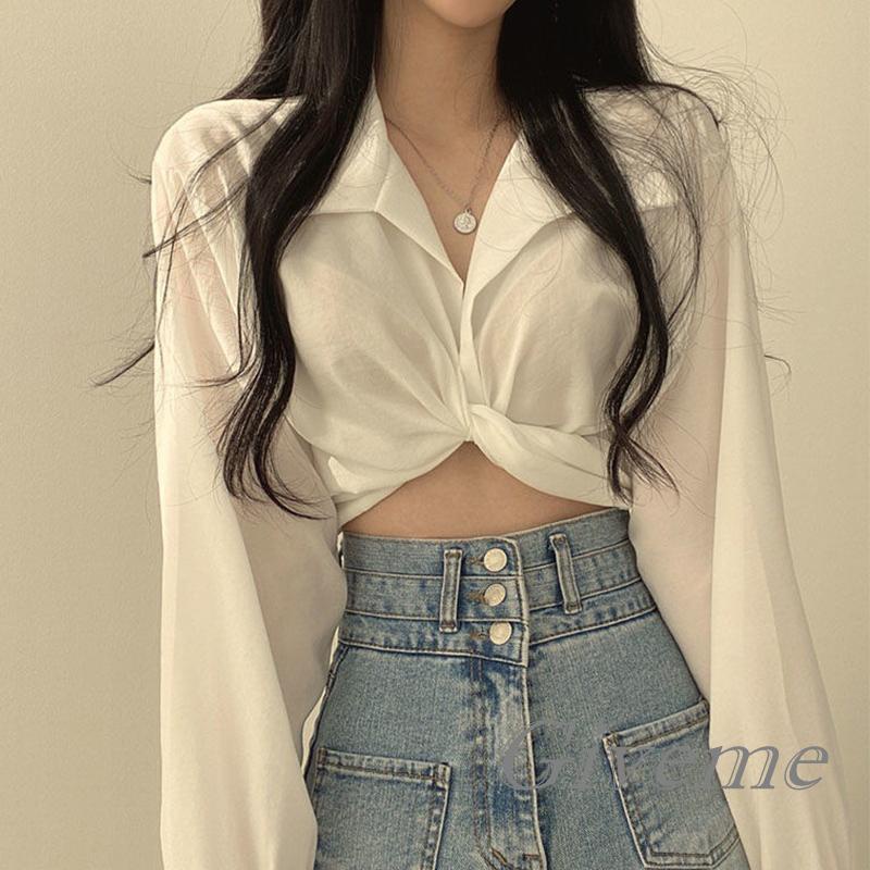 Áo Croptop Tay Dài Cổ Bẻ Màu Trơn Thiết Kế Độc Đáo Thời Trang Cho Nữ