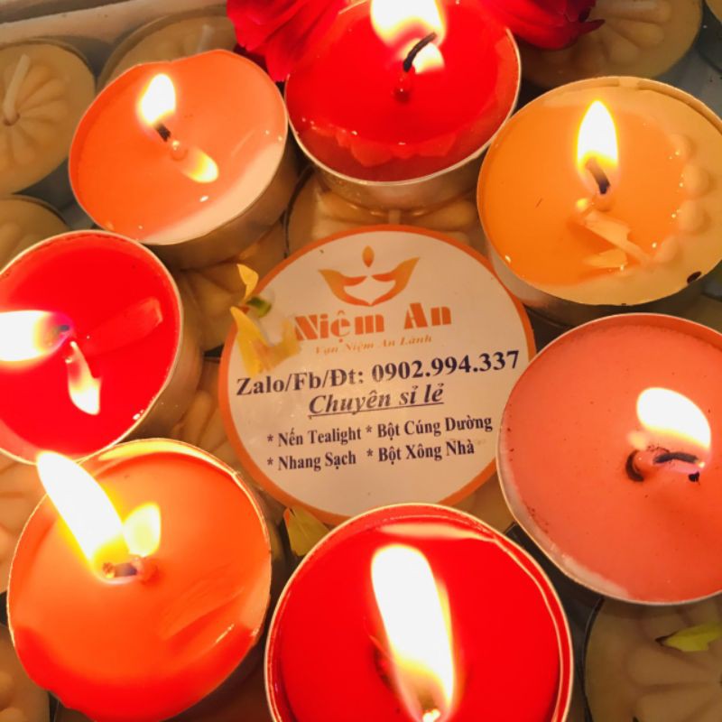 ĐÈN CẦY Nến TeaLight hoa cúc, hoa sen KHÔNG KHÓI KHÔNG MÙI ,KHÔNG ĐỘC HẠI TÚI10 viên mỗi viên cháy 2h30p-3h